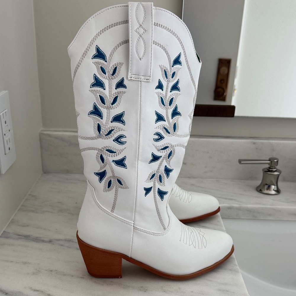 White and Blue Western Boots